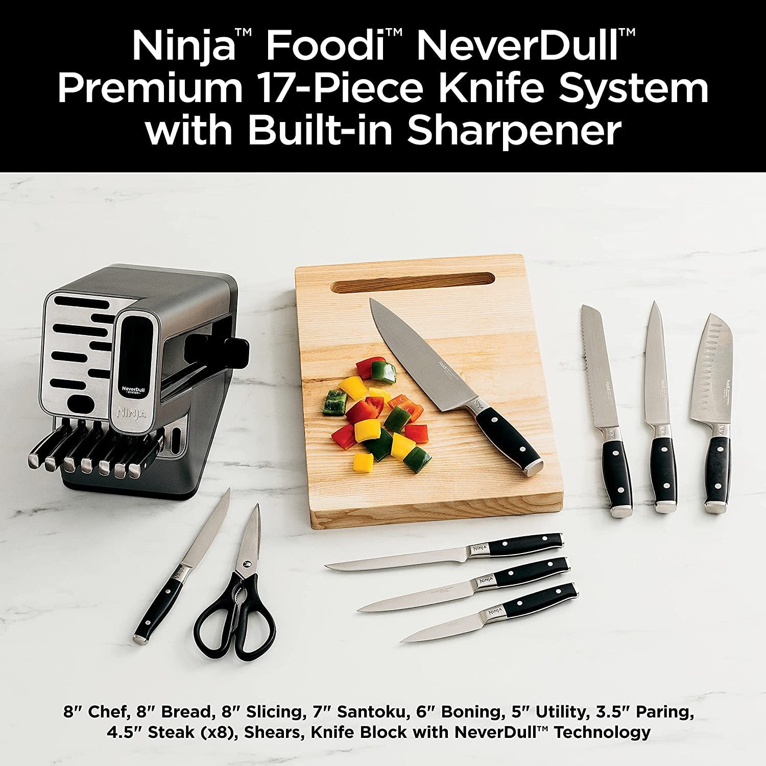 Ninja K32017 Foodi NeverDull Premium 17-teiliges Messerset mit integriertem Messerschärfer, Edelstahl/Schwarz