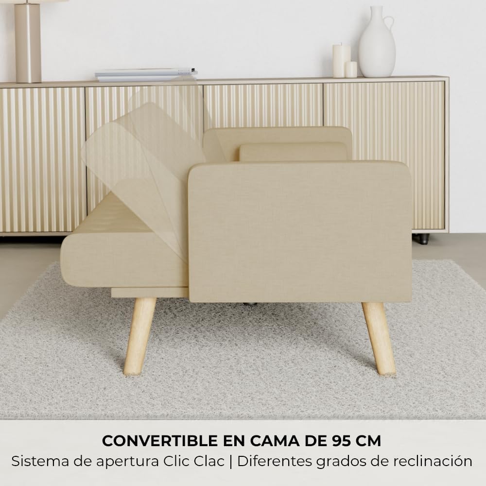 Nalui – 3-Sitzer-Schlafsofa, gepolstert, 203 x 82 x 78 cm, One Dots, mit 2 Kissen und Klick-Klack-Öffnungsmechanismus mit mehreren Liegepositionen. Chaiselongue-Schlafsofa mit Holzbeinen, umwandelbar in ein Doppelbett | Beige