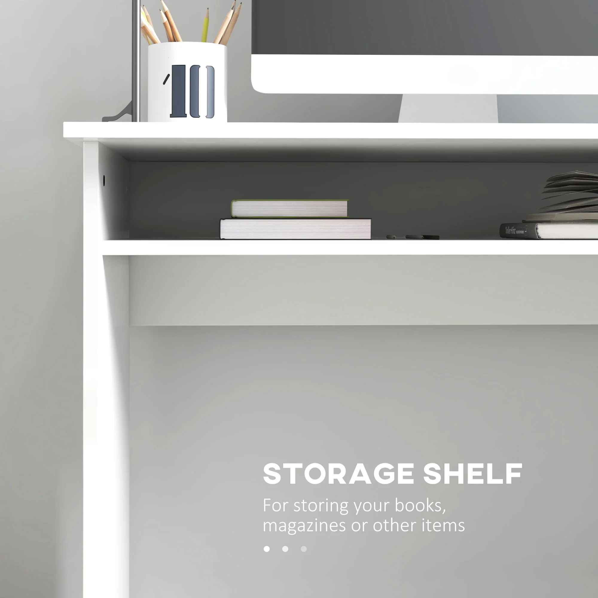 Moderner Computertisch. Kleiner Schreibtisch mit Ablagefach. 90 x 50 cm. Glänzend Weiß.