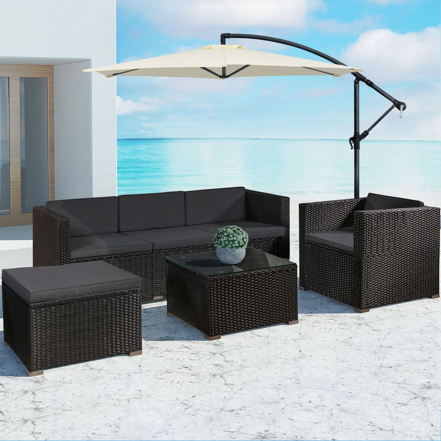 Ensemble de jardin en résine tressée Punta Cana M 2025, noir avec coussins gris