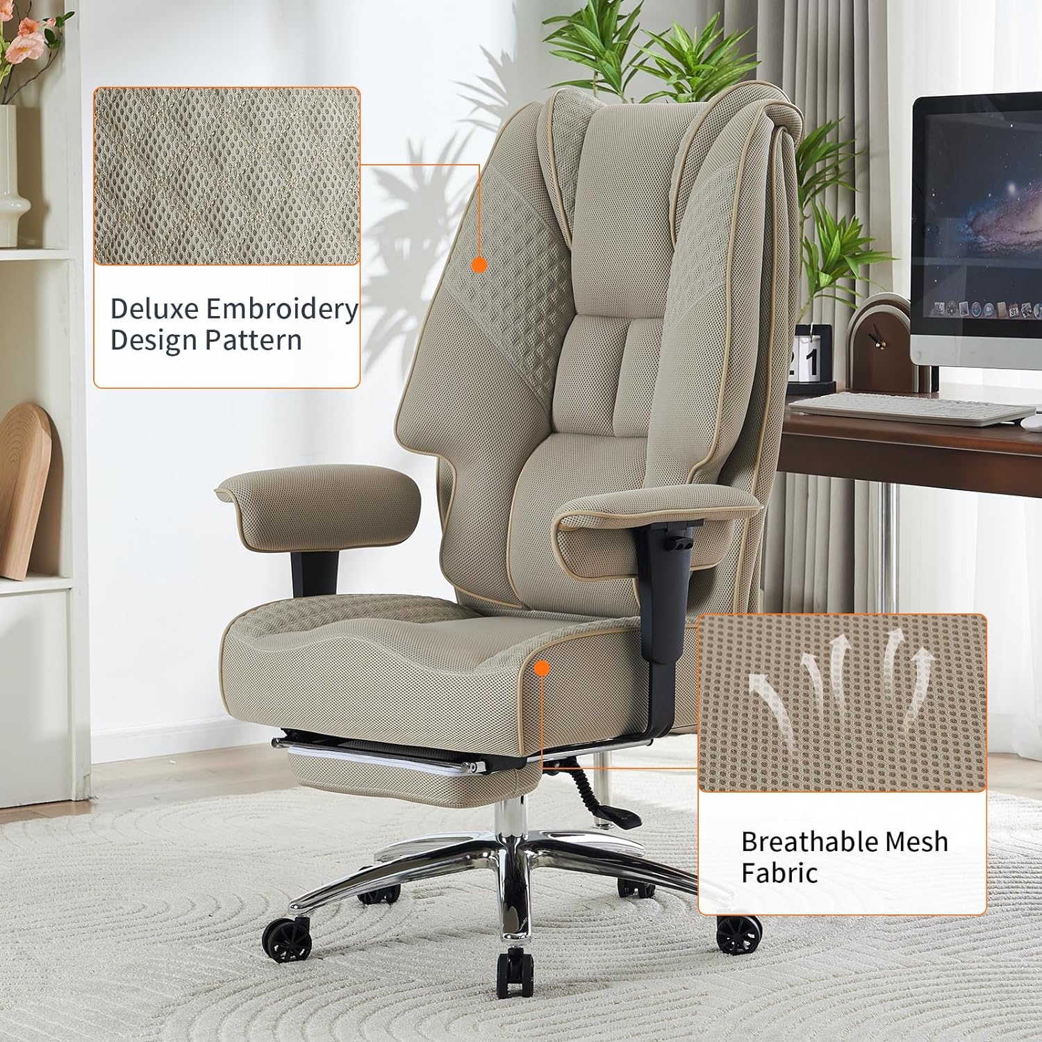 Hoher und breiter Bürostuhl für 181 kg, Chefsessel aus Leder mit hoher Rückenlehne und Fußstütze, ergonomischer Stuhl mit Lendenwirbelstütze zur Linderung von Rückenschmerzen (Beige)