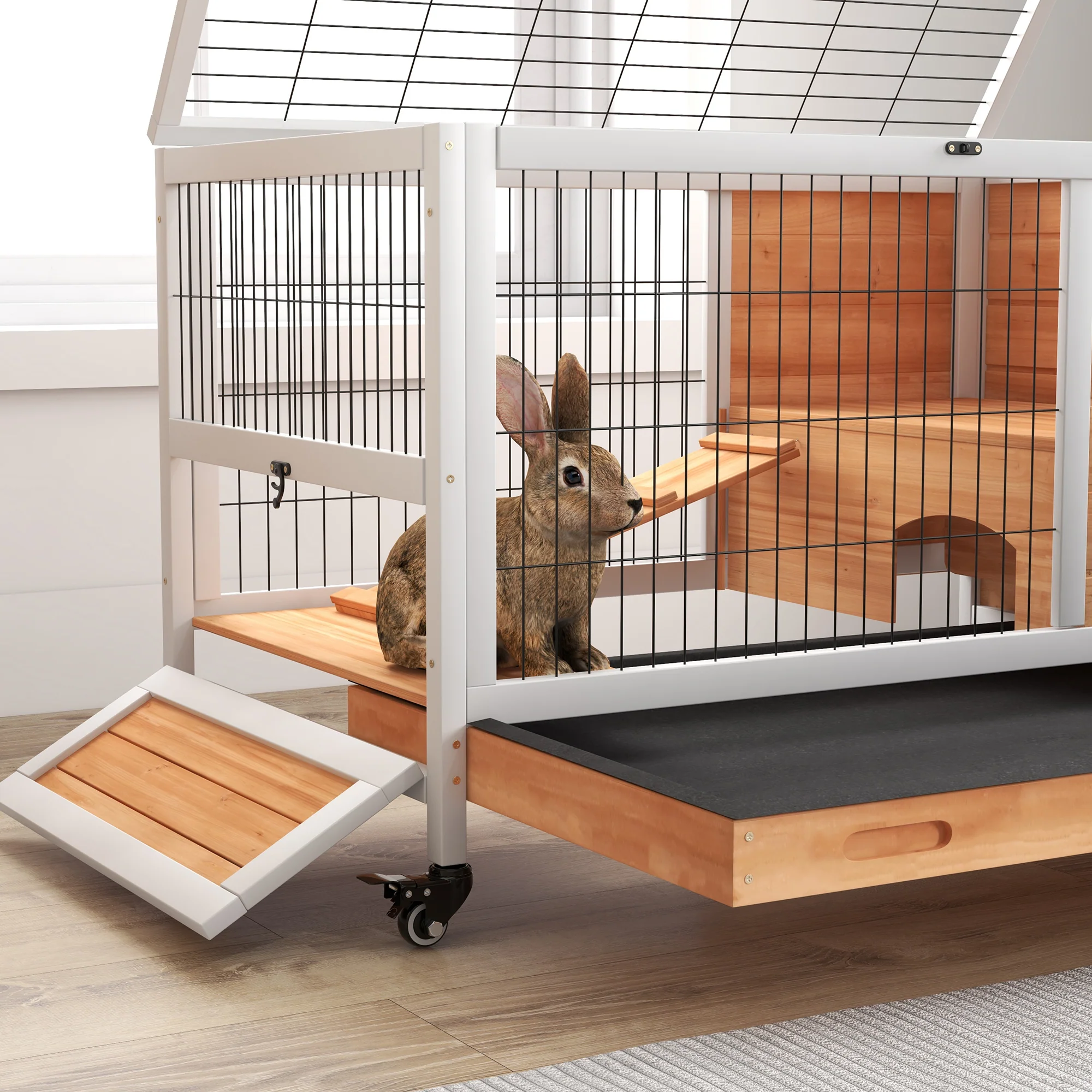 PawHut Kaninchenstall aus Holz, Modell 2025. Zweistöckig, mit Rollen. Gelb.