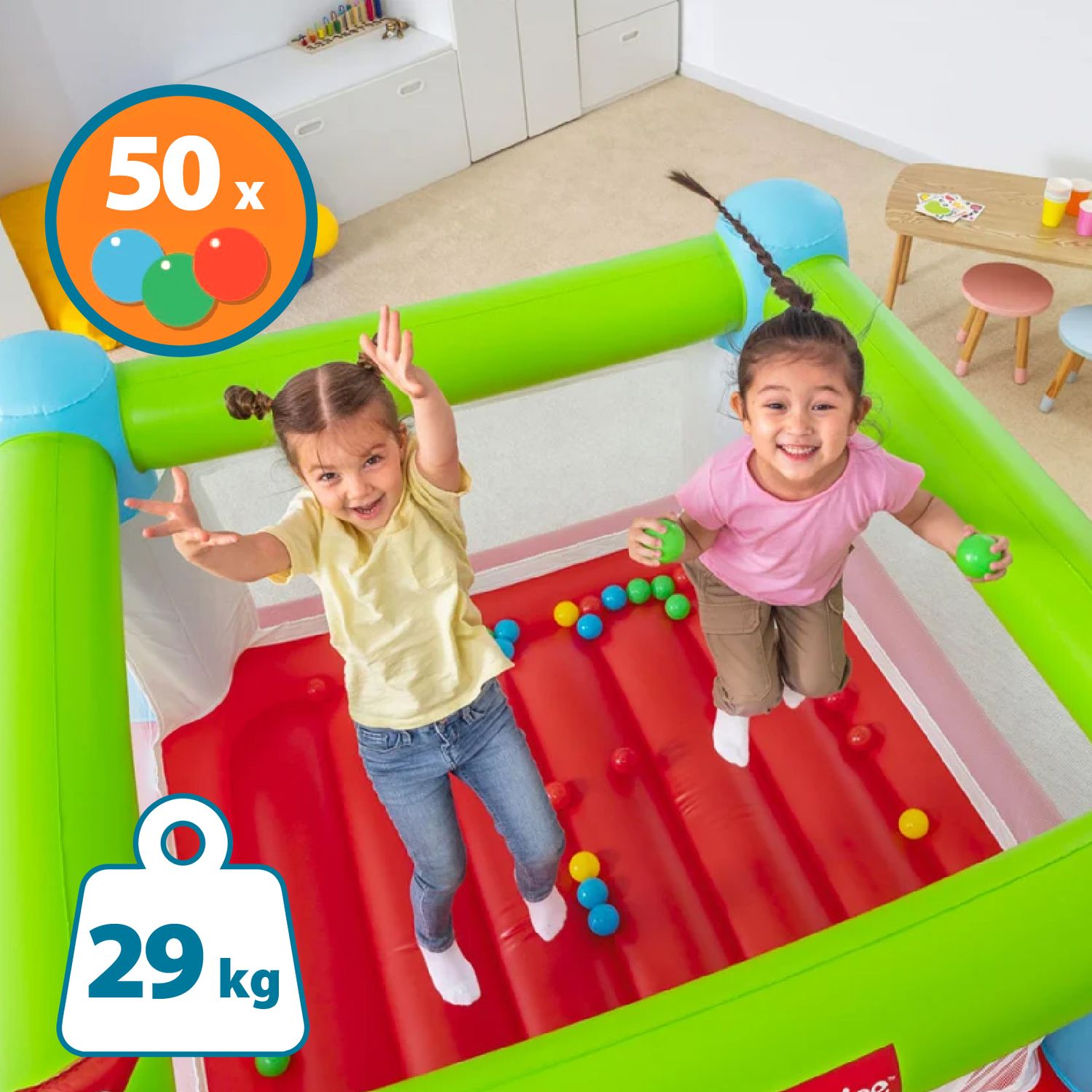Bestway Bounce Sensational Hüpfburg mit 50 Spielbällen, 175 x 173 x 135 cm, mehrfarbig, mit Sicherheitsnetz