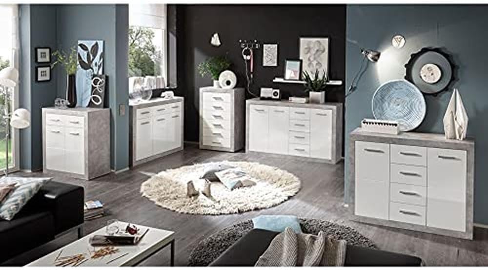 STONE Große Vitrine mit Betonoptik und hochglänzendem Weiß, moderne Vitrine mit LED-Beleuchtung und viel Stauraum, 92 x 194 x 37 cm (B x H x T)