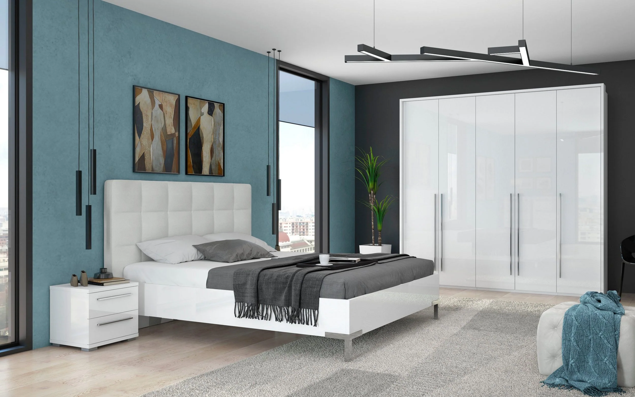 Hochglanzweißer Klaviernachttisch mit 2 Schubladen, 45 cm breit