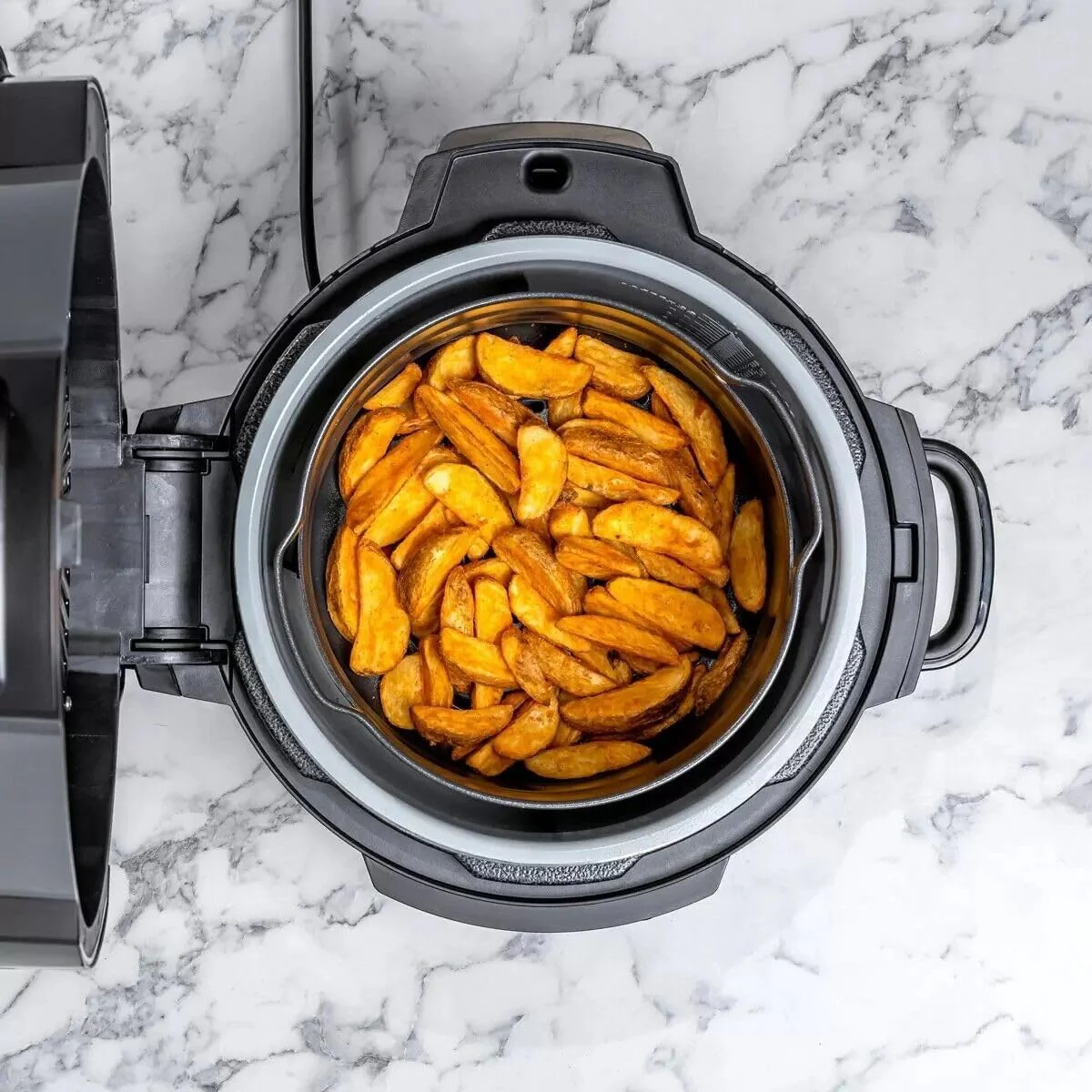 Ninja Multikocher Foodi OP350UK (2025). 9-in-1-Funktion. 6-Liter-Schnellkochtopf und Heißluftfritteuse. Gebürsteter Stahl und Schwarz.