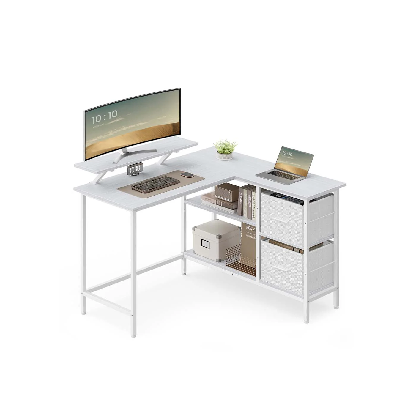 L-förmiger Schreibtisch mit geräumigen Schubladen und Monitorständer