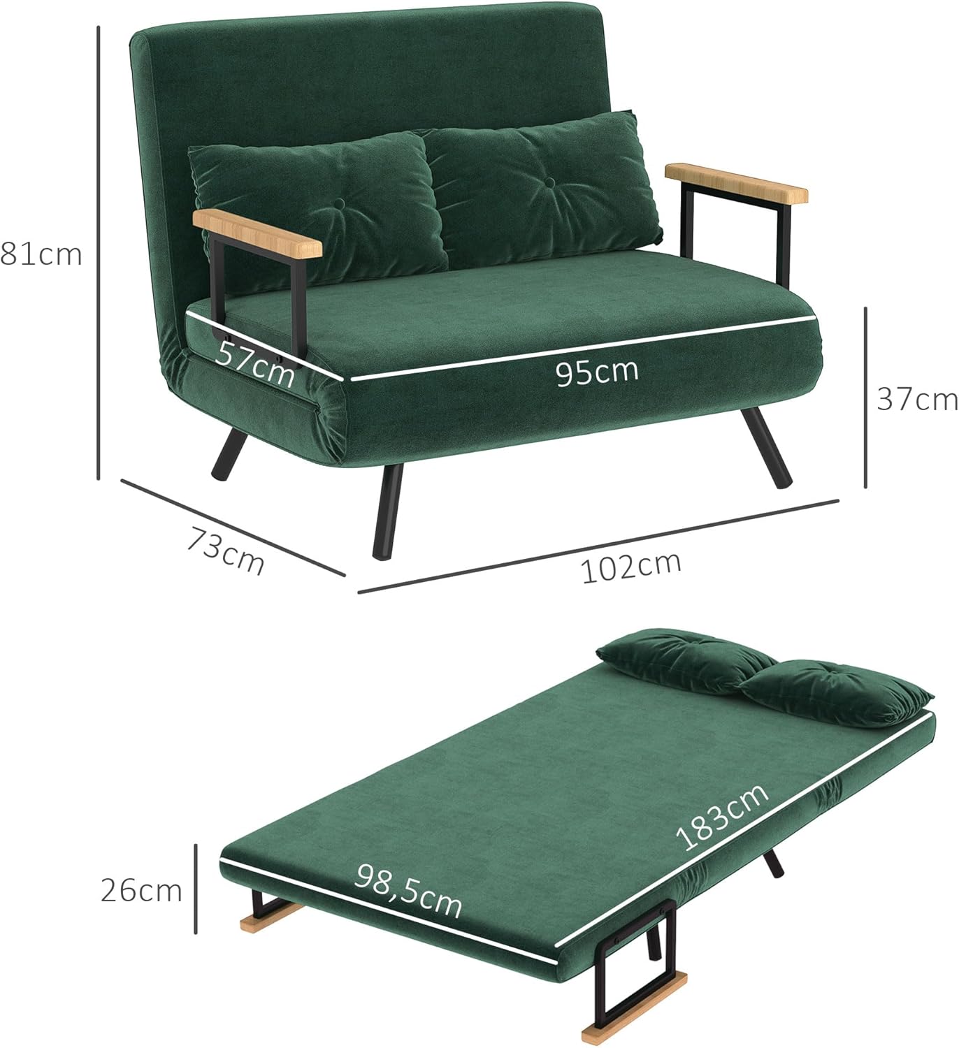 HOMCOM Schlafsofa, 2-Sitzer, Klappsofa, Samtbezug, 5-fach verstellbare Rückenlehne und gepolsterte Kissen, für Büro, Schlafzimmer, Wohnzimmer, 102 x 73 x 81 cm, Beige