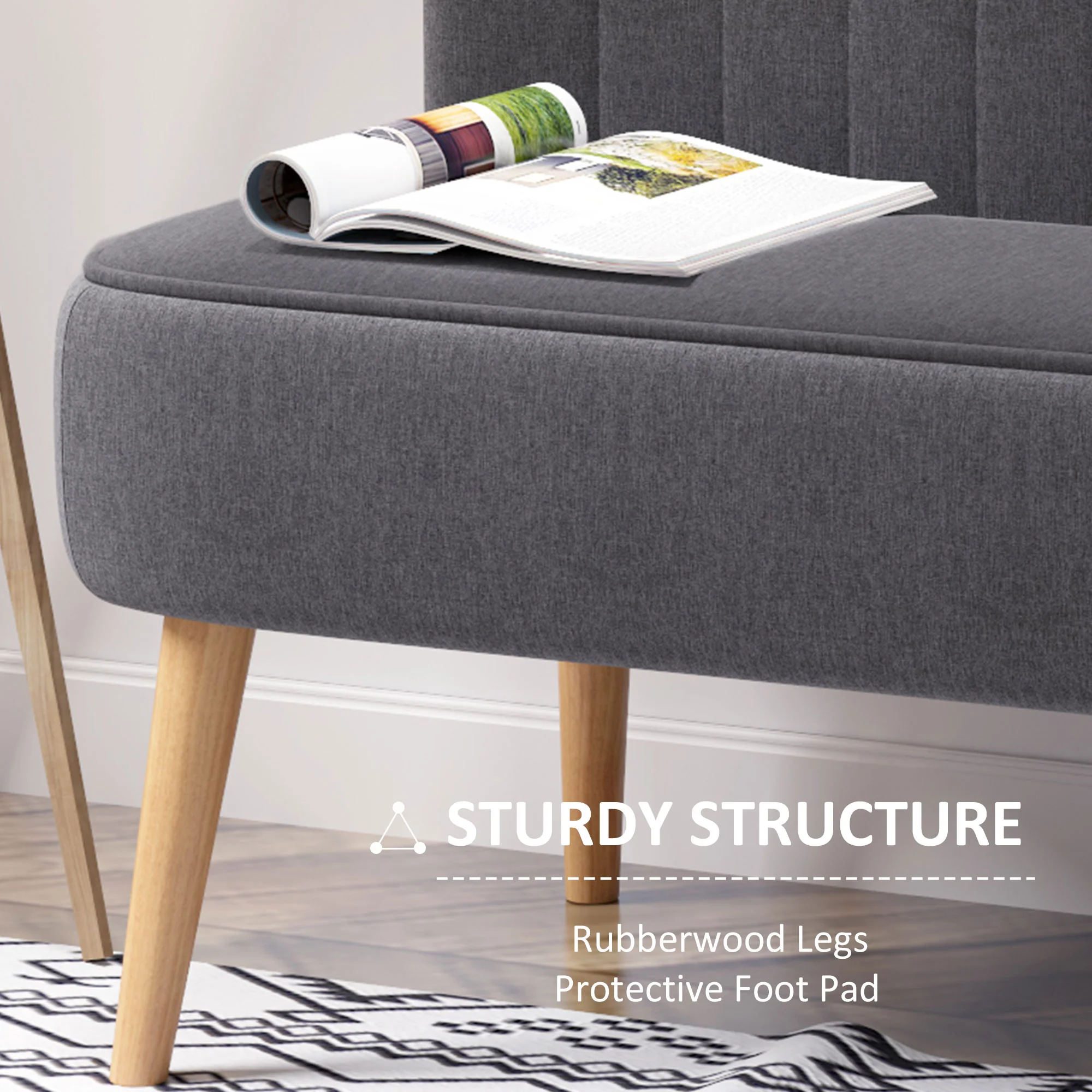 Moderne linnedsofa til 2 personer. Kompakt sofa med polstring og træben. Grå