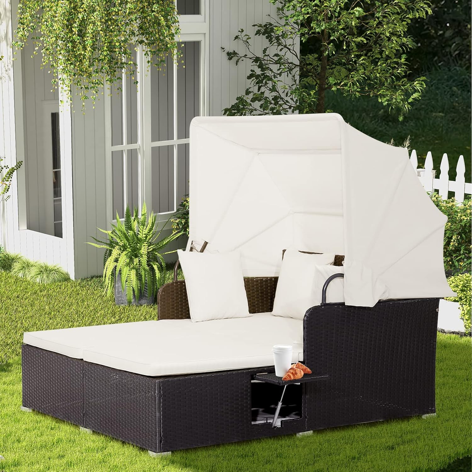 RELAX4LIFE udendørs haveseng med baldakin. Vævet harpiks liggestol med hynder. 4 puder og 2 udtrækkelige sidebakker. Loungeseng til 2 personer til pool, veranda, have. Rattan udendørs seng (turkis)