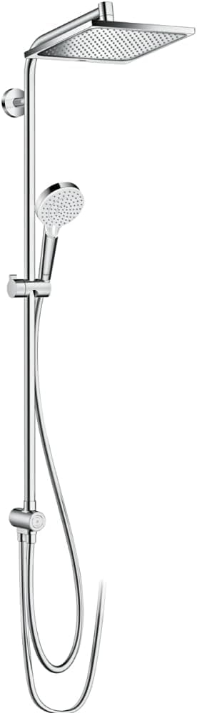 hansgrohe Crometta E - wassersparendes Duschsystem (EcoSmart) mit Thermostat, Regendusche (240 x 240 mm), Handbrause (2 Strahlarten), flexiblem Schlauch, Brausestange und rechteckigem, feststehendem Brausekopf, Chrom, 27281000