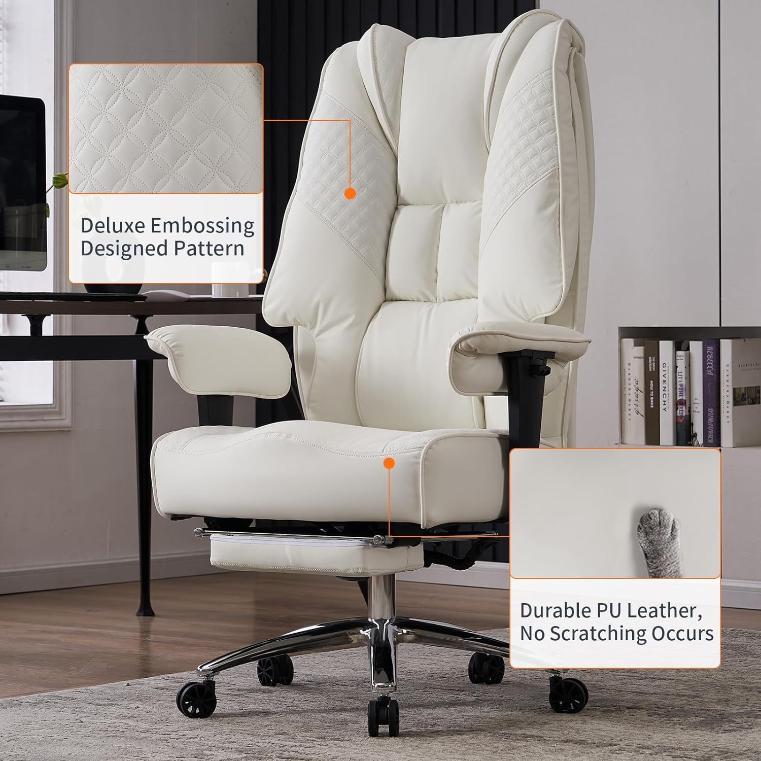 Hoher und breiter Bürostuhl für 181 kg, Chefsessel aus Leder mit hoher Rückenlehne und Fußstütze, ergonomischer Stuhl mit Lendenwirbelstütze zur Linderung von Rückenschmerzen (Beige)