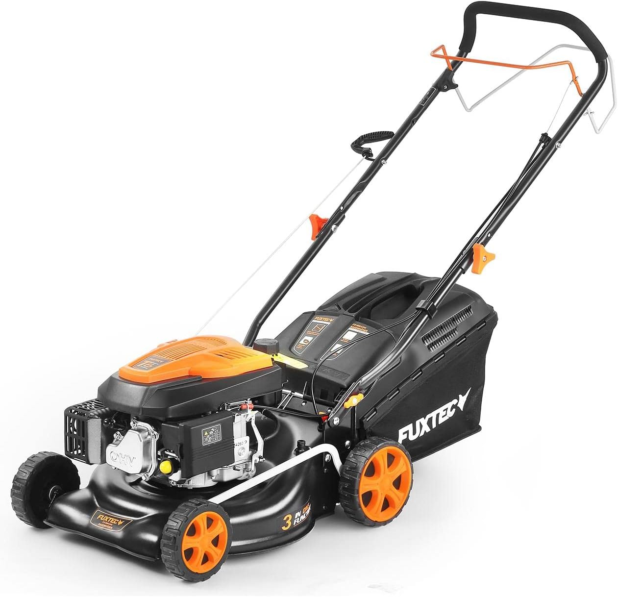 Tondeuse à gazon à essence FUXTEC FX-RM4646ECO, largeur de coupe de 46 cm, puissant moteur à essence de 146 cm³, nettoyage facile, 3 en 1, 2,6 kW, bac de ramassage mulching de 50 l.