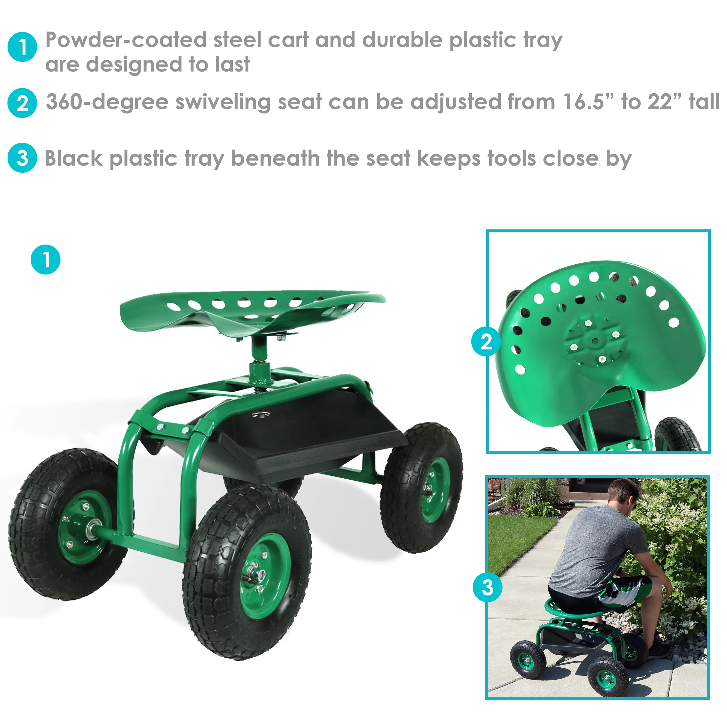Chariot de jardin roulant Sunnydaze 2025 avec siège pivotant à 360° et plateau à outils
