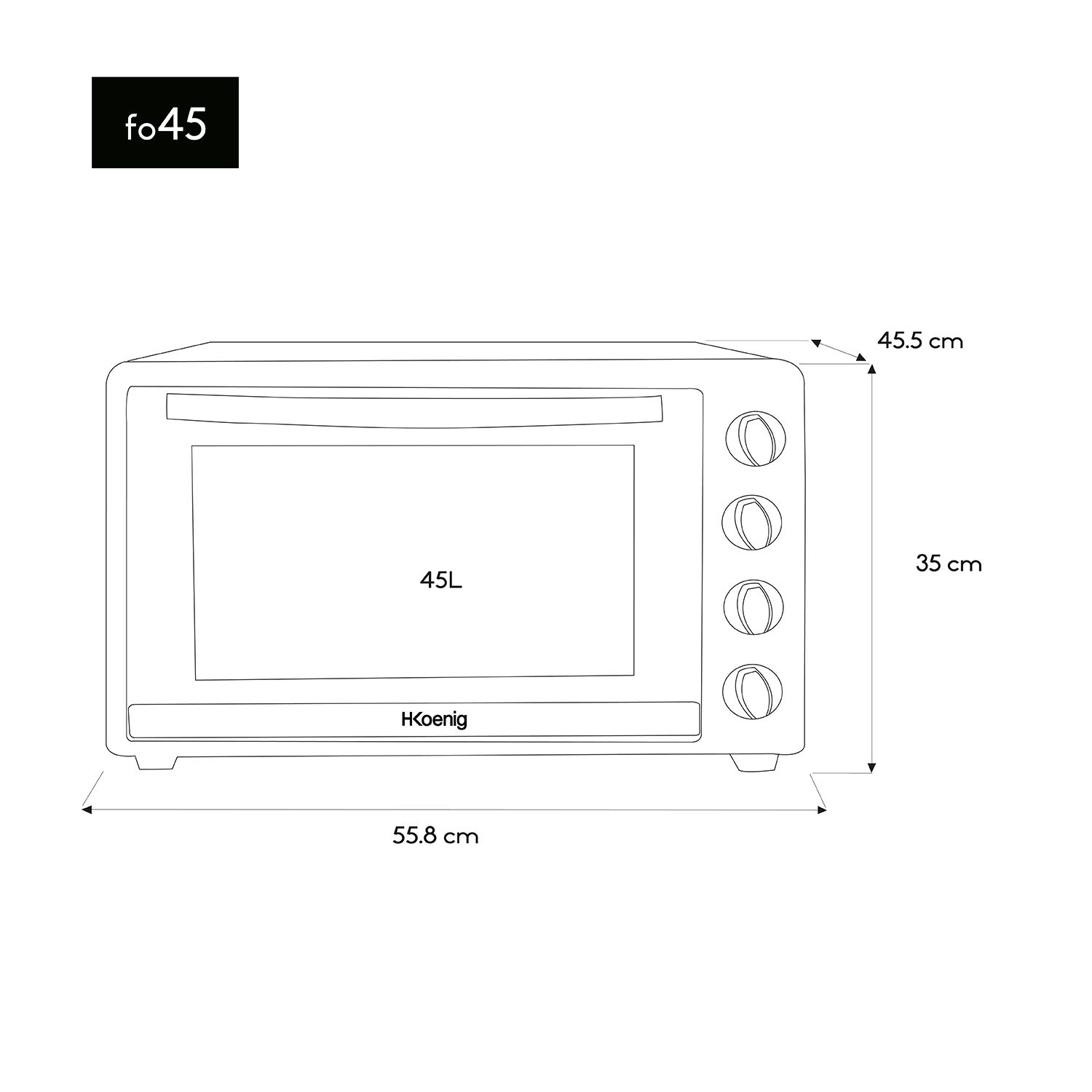 H.koenig Fo45 Mini-Elektro-Tischbackofen, 45 Liter, 2000 W, bis zu 230 °C, bis zu 60 Minuten, Thermostat