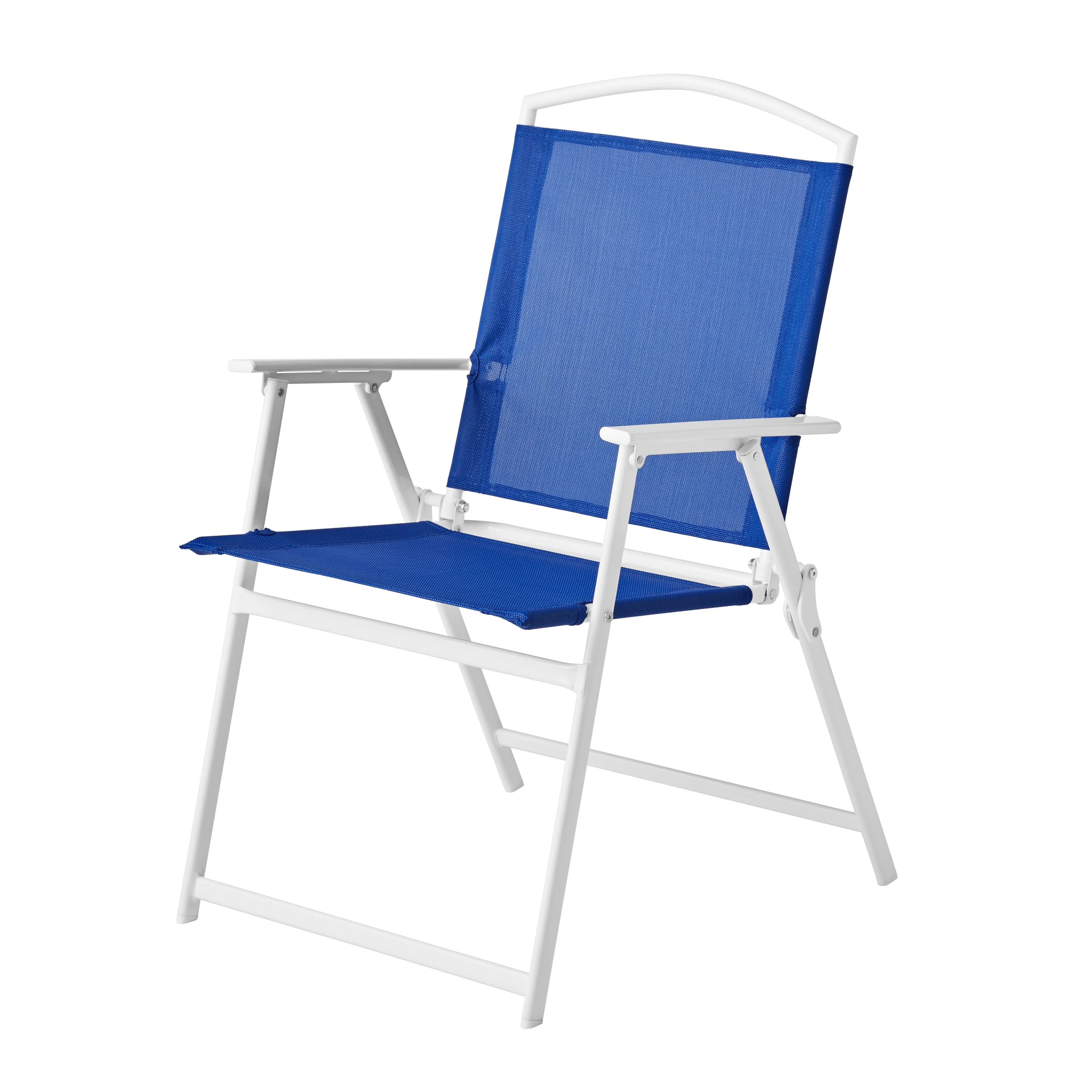 2025 Mainstays Albany Lane udendørs spisebordssæt med 5 dele. Hvidt stålstel og blåt stof.