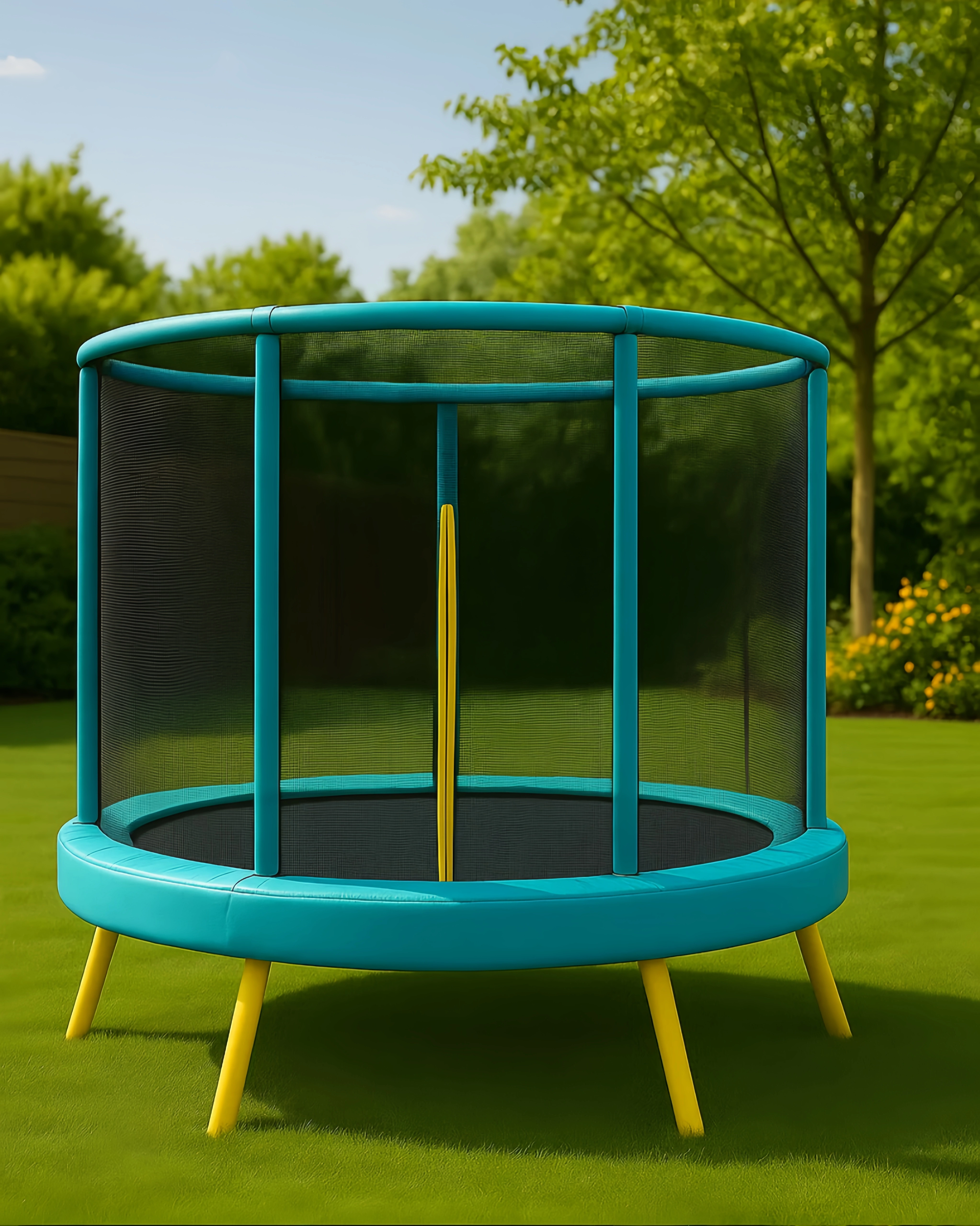 Trampoline vert pour enfants avec pieds en acier jaune et PVC pour jardin 150 x 150 x 125 cm pcHfwRI104vz