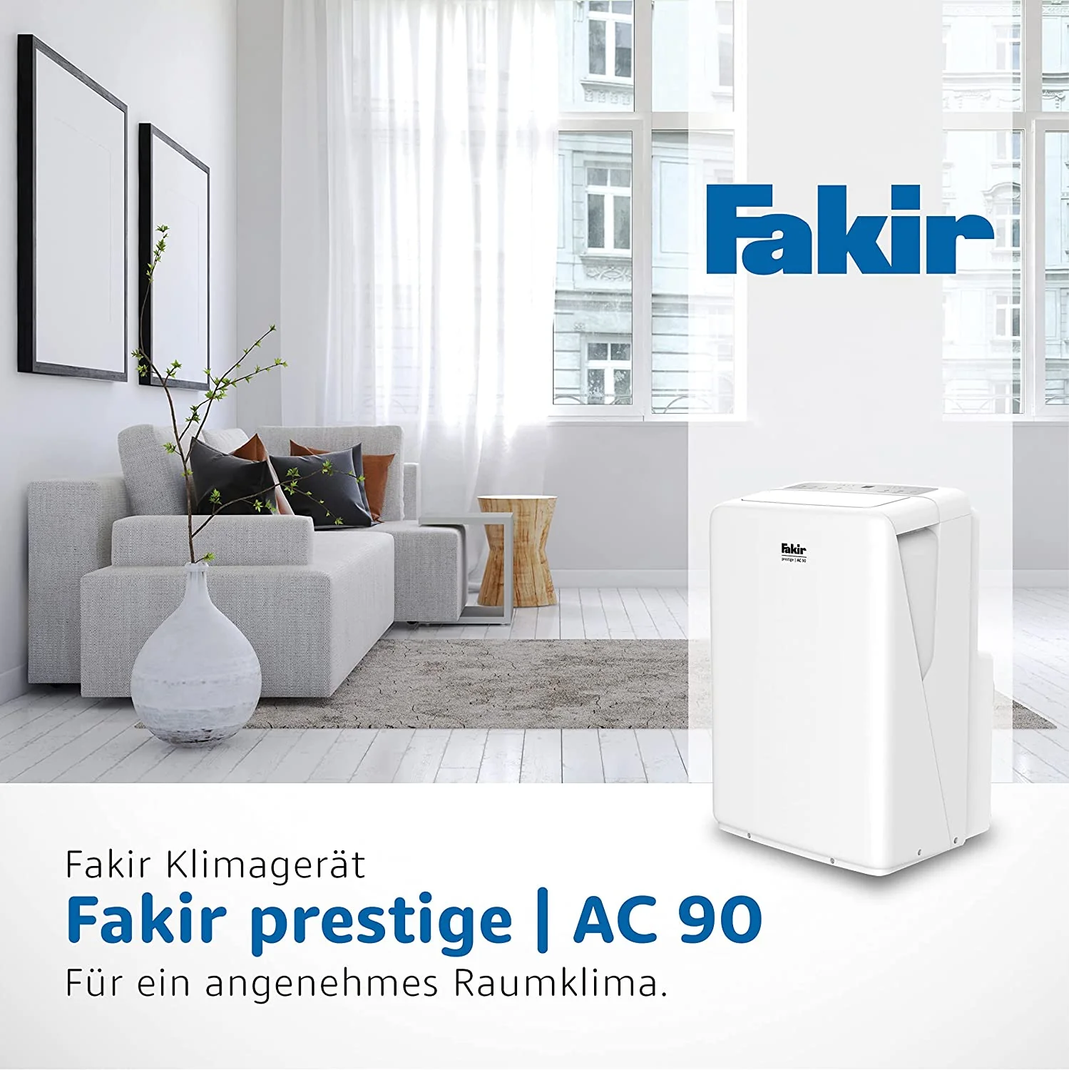 Climatiseur portable Fakir Prestige AC 90 (2025) | Rafraîchisseur d'air avec 3 modes de ventilation, fonction automatique, minuterie et télécommande | Ventilateur auxiliaire pour pièces jusqu'à 85 m³ | Blanc | 2600 watts