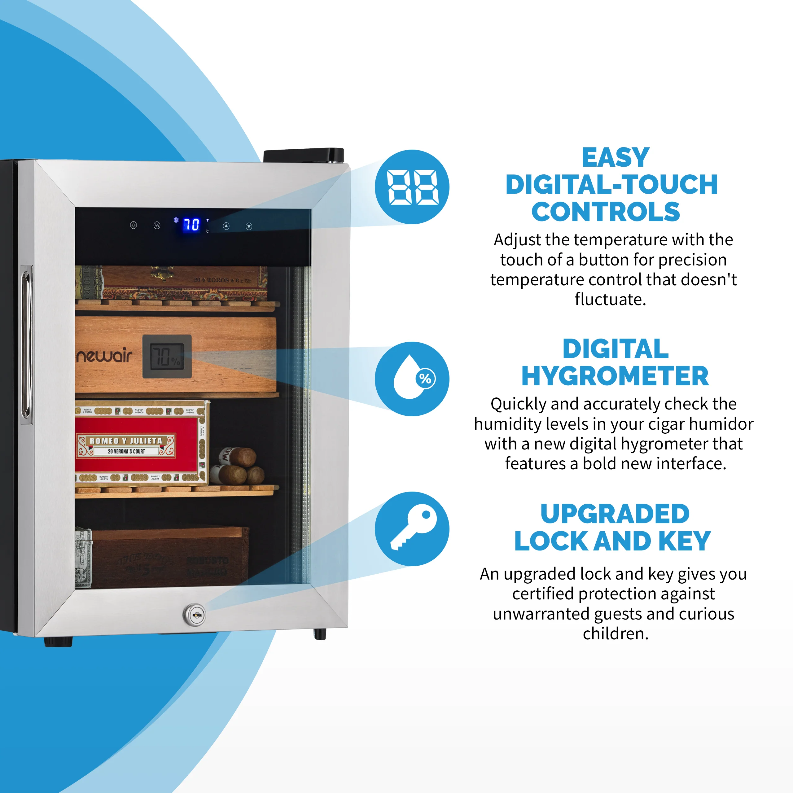 Cave à cigares électrique Newair® 2025. Capacité : 250 cigares.