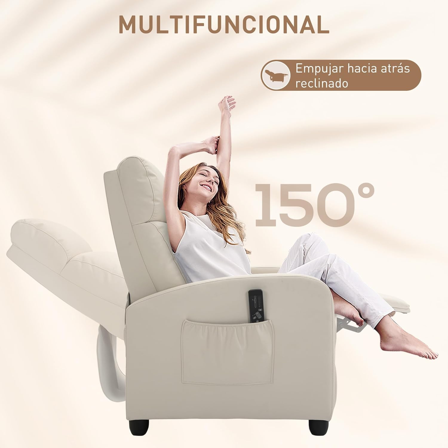 HOMCOM Massagestol, Hvilestol med Fjernbetjening, 2 Massagezoner, 8 Programmer, 5 Intensitetsniveauer, 1 Sidelomme og Timer, PU Betræk, 68x88x98 cm, Creme