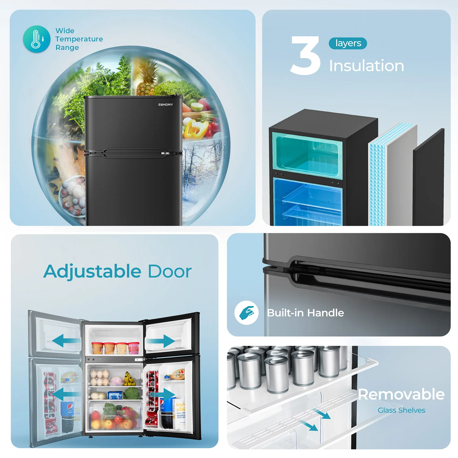 Mini-réfrigérateur EUHOMY 2025 de 90 litres (3,2 pi³) – Encastrable ou pose libre