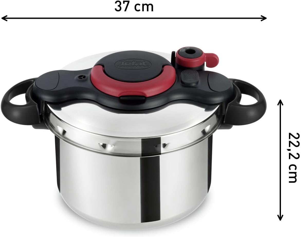 Tefal P47051 Clipso Minut Duo Aluminium-Schnellkochtopf mit 5 Sicherheitssystemen und einfacher Einhandbedienung, Grau/Rot, 5 l