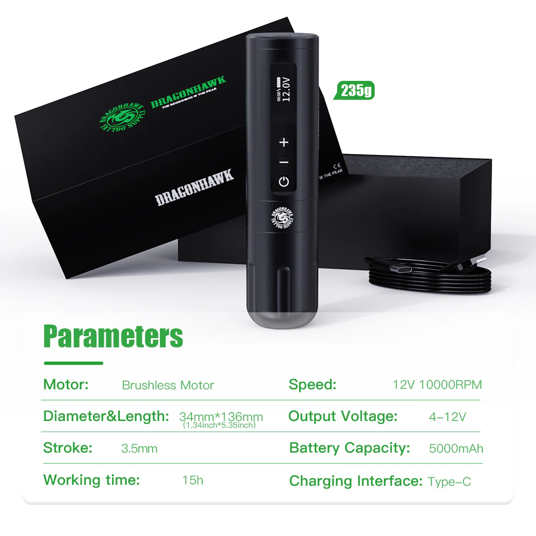 Dragonhawk X10 Anfänger-Kit Kabelloser Tattoo-Stift mit 3,5 mm Strichstärke