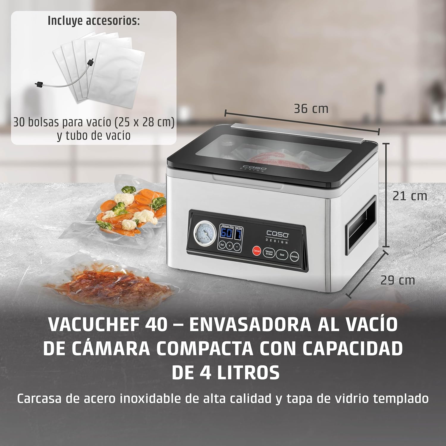 CASO VacuChef 40 – Professioneller Kompakt-Vakuumierer – Leistungsstarke Vakuumleistung von 70 l/min – 3-Liter-Kammer – Edelstahl