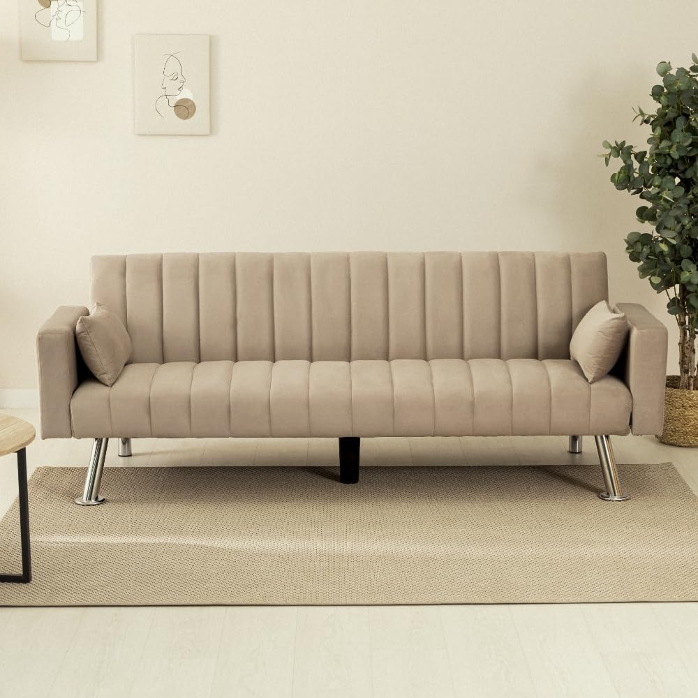 Nalui – Gepolstertes 3-Sitzer-Schlafsofa 210 x 80 x 79 cm, einlagig, 2 Kissen, Klick-Klack-Öffnungsmechanismus mit verstellbarer Rückenlehne. Samt-Chaiselongue-Schlafsofa, umwandelbar in ein Doppelbett | Beige
