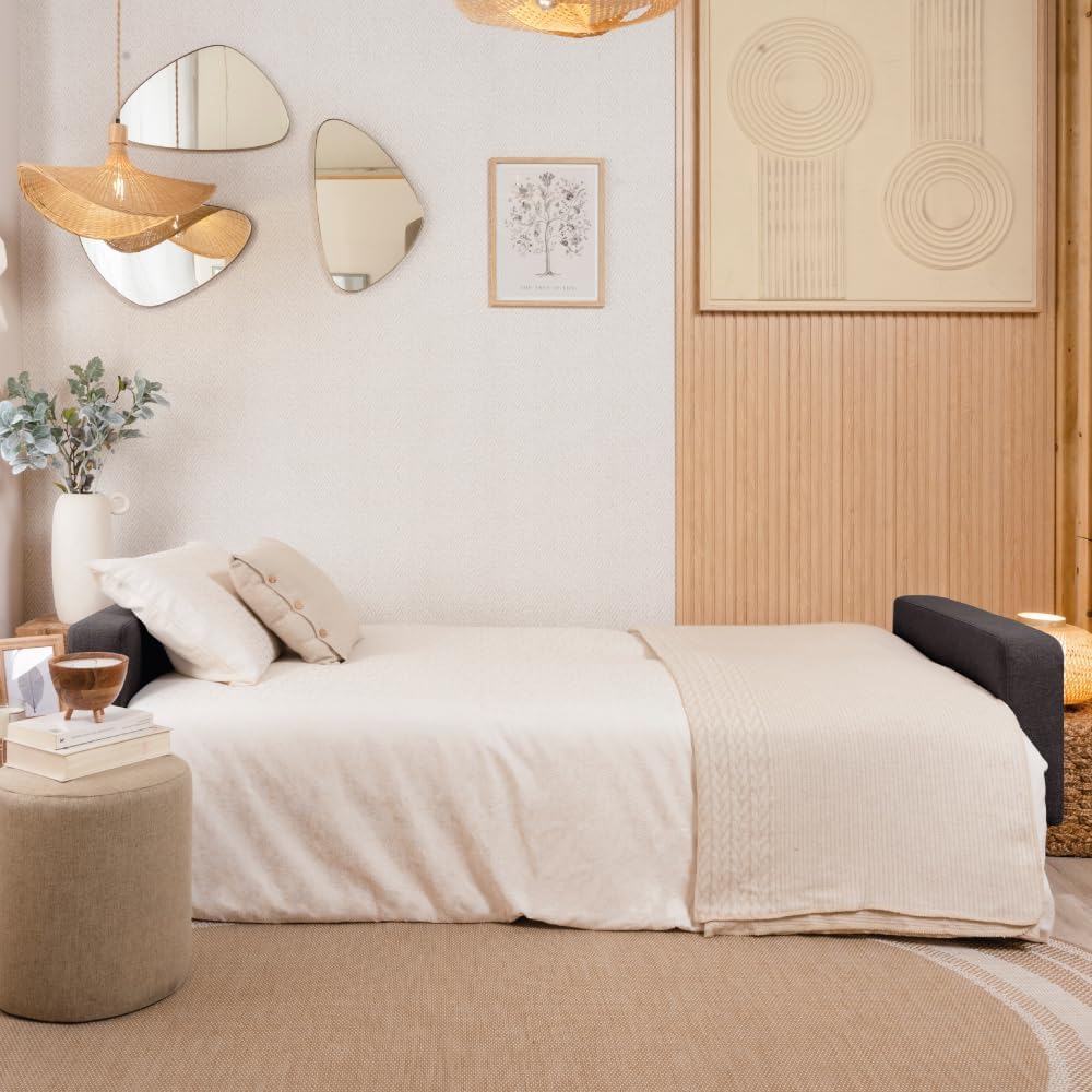 Don Descanso Reine 3-Sitzer-Schlafsofa, Stoffbezug, Click-Clack-Öffnungssystem, Sofa-Maße: 201 x 73 x 79 cm, Bett-Maße: 201 x 99 x 42 cm, inklusive 2 Kissen, Hellgrau