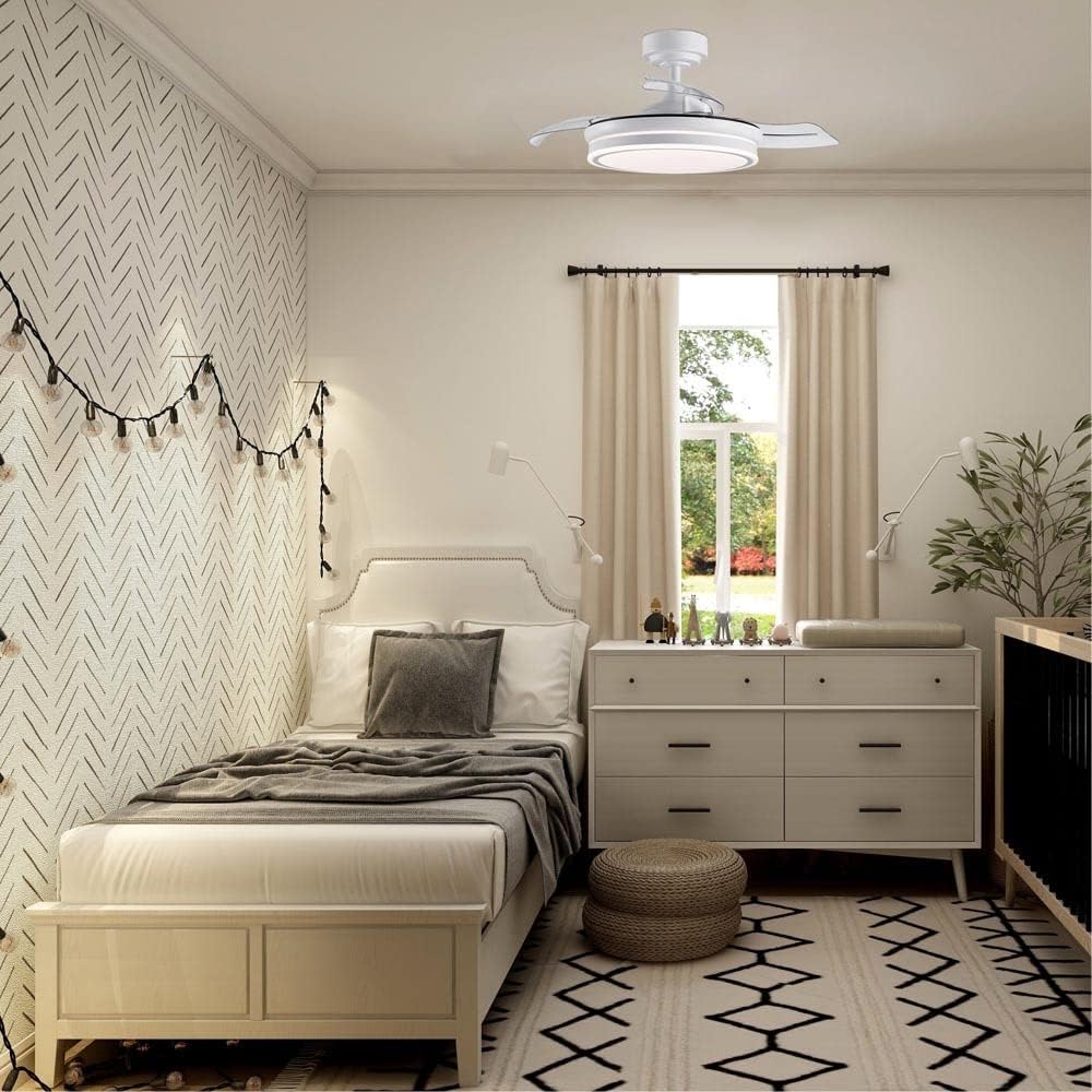 Wonderlamp – Mini ventilateur de plafond LED Pearl avec pales rétractables, moteur CC silencieux, 3 températures de couleur réglables, 46 W, blanc