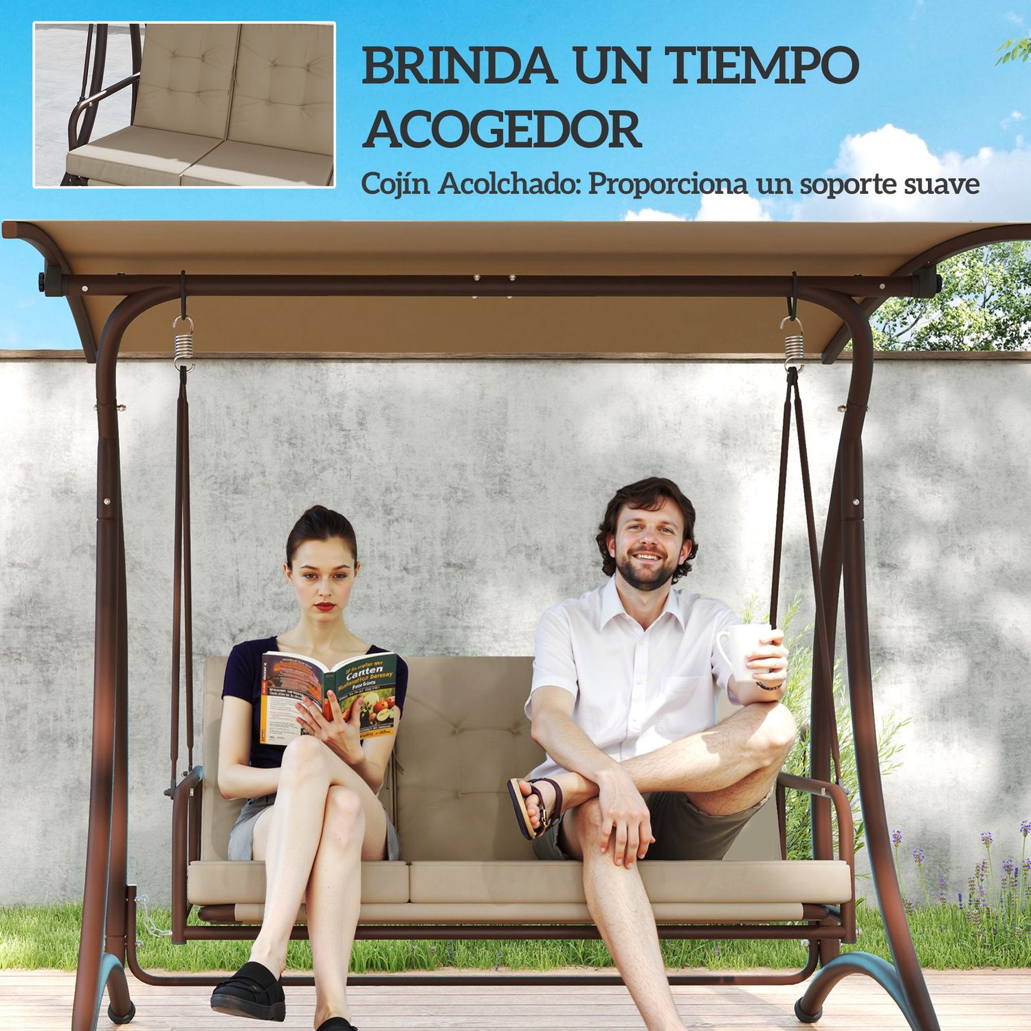 Gartenschaukel aus Stahl und Polyester, 200 x 120 x 175 cm – outsunny. Khaki