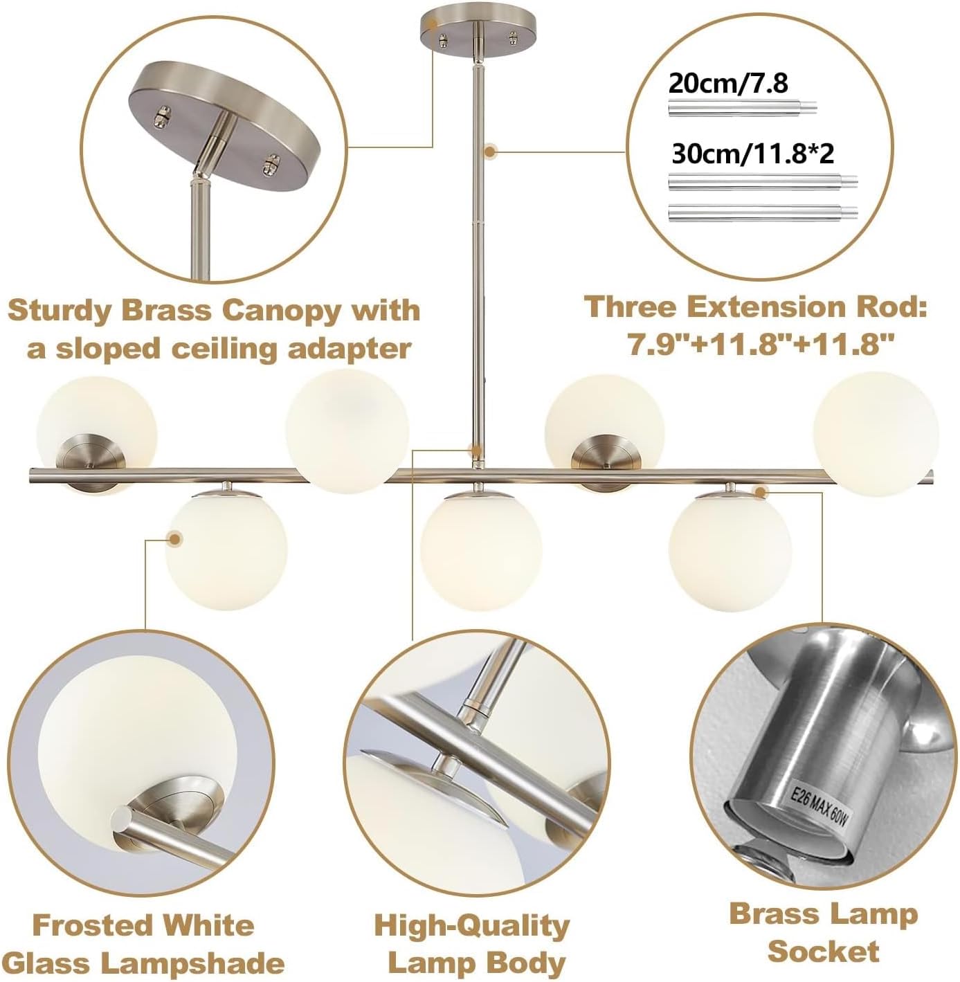 Moderne Esszimmerleuchte von KCO Lighting aus goldfarbenem Metall, Kücheninsel-Pendelleuchte aus weißem Glas, 7-flammig, E27, 80 cm höhenverstellbar