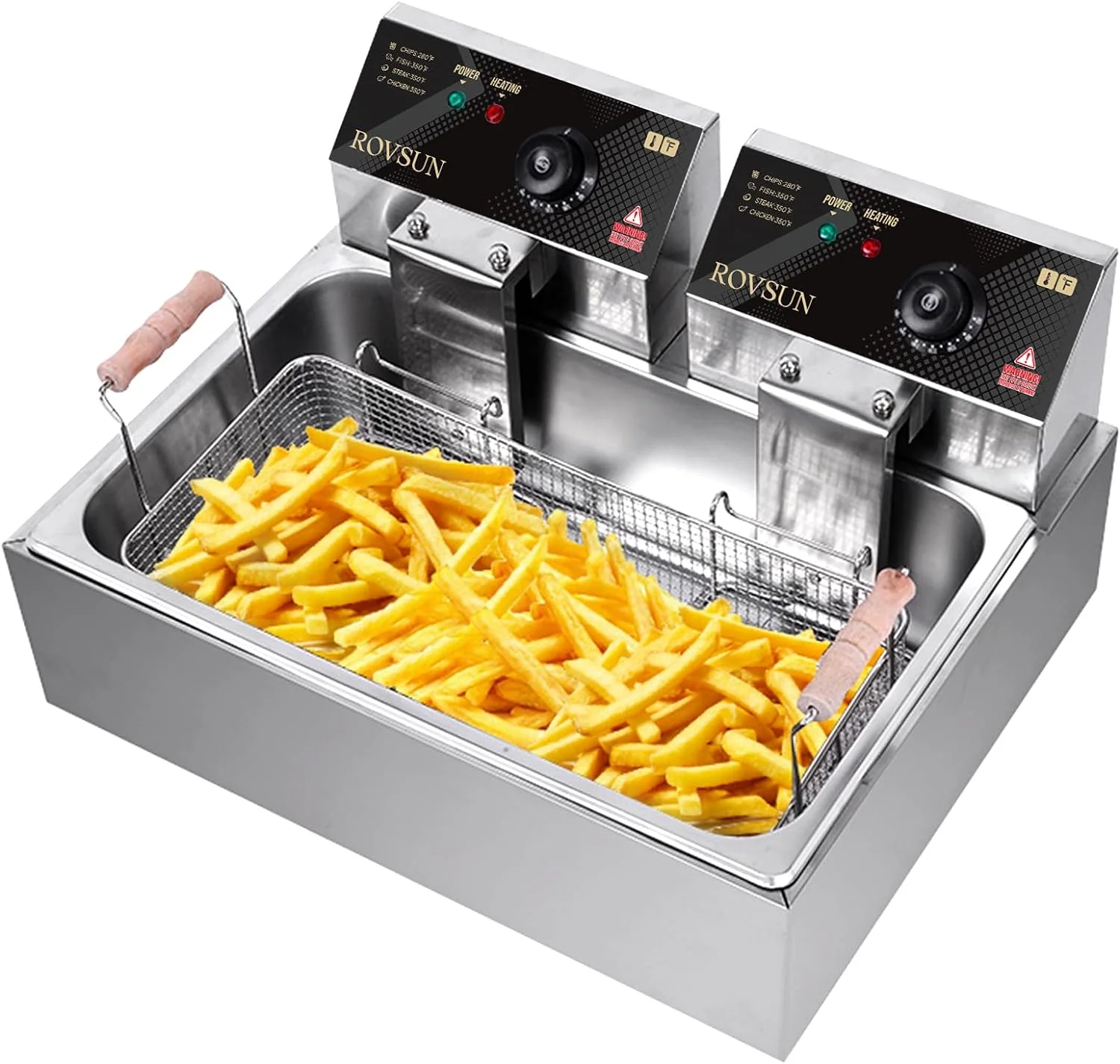 ROVSUN 23,8 qt elektrisk frituregryde med stor enkelt kurv og låg. Justerbar temperatur. Professionel frituregryde i rustfrit stål til pommes frites, løgringe og kalkun. 5000 W.