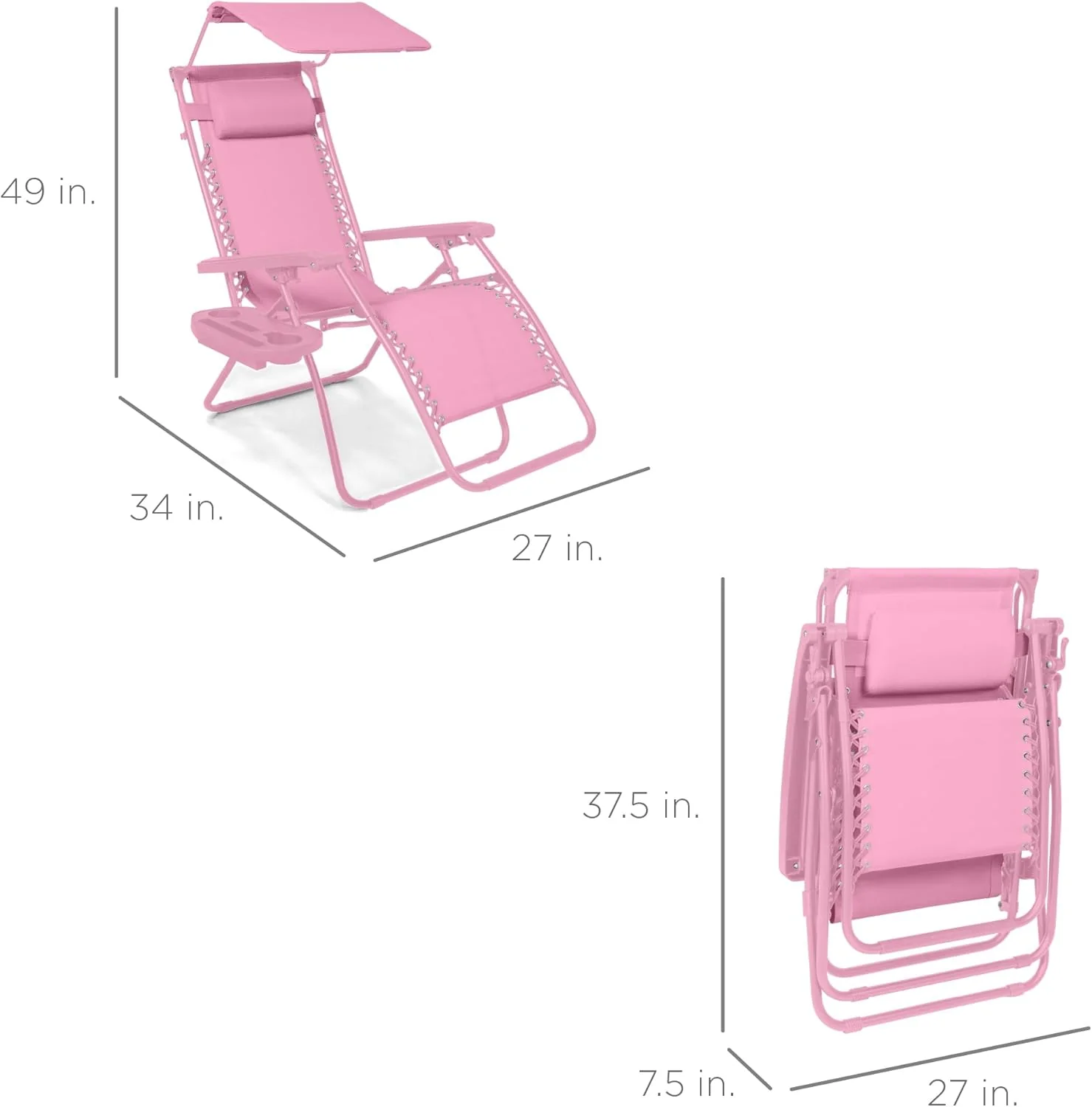 Bedste valg – Zero Gravity-lænestol til terrassen. Justerbar og foldbar udendørsstol med baldakin, nakkepude og sidebakke. Textilene – Påfugleblå