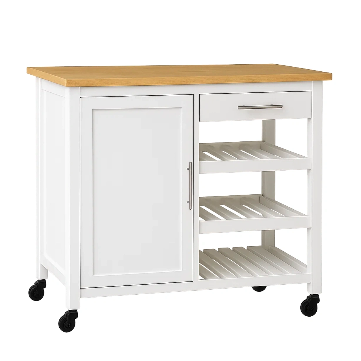 Îlot de cuisine rectangulaire sur roulettes, en MDF blanc, avec plan de travail en bois, tiroir, porte et étagères ouvertes. Dimensions : 100 cm de long, 45 cm de large, 90 cm de haut. Convient aux cuisines domestiques. - mH7g5EFNczfz