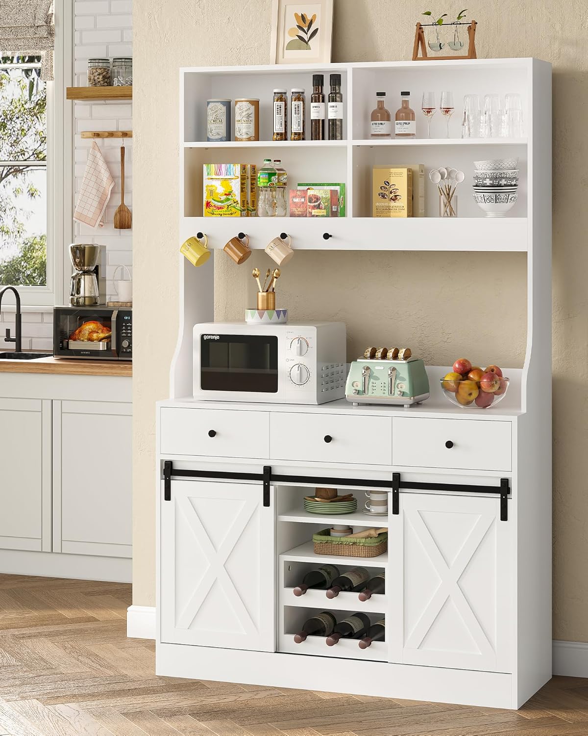 Küchenschrank, Küchen-Sideboard mit LED-Beleuchtung, Steckdosen, Buffet-Schrank, ausziehbarem Weinregal, 3 Schubladen, verstellbaren Einlegeböden, Küche, Wohnzimmer, Esszimmer, 103,5 x 40 x 180 cm, Schwarz