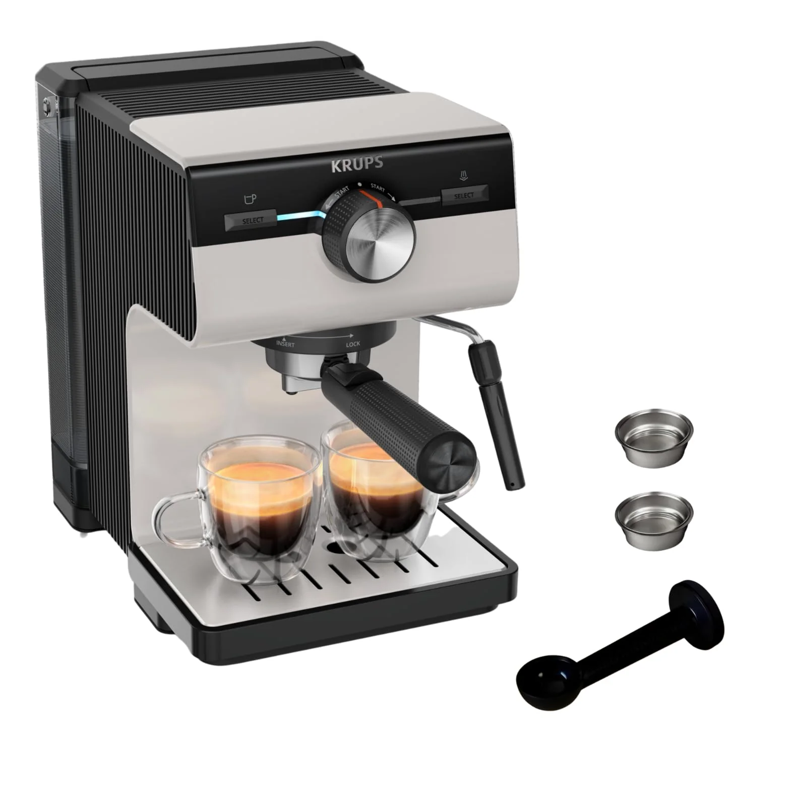 Krups Virtuoso Essential - 15 bar espressomaskine. Sort rustfrit stål. Kompakt og elegant design. Automatisk slukning. Espresso og cappuccino. Termoblok. Dampstang. Inkluderer ske. XP4418
