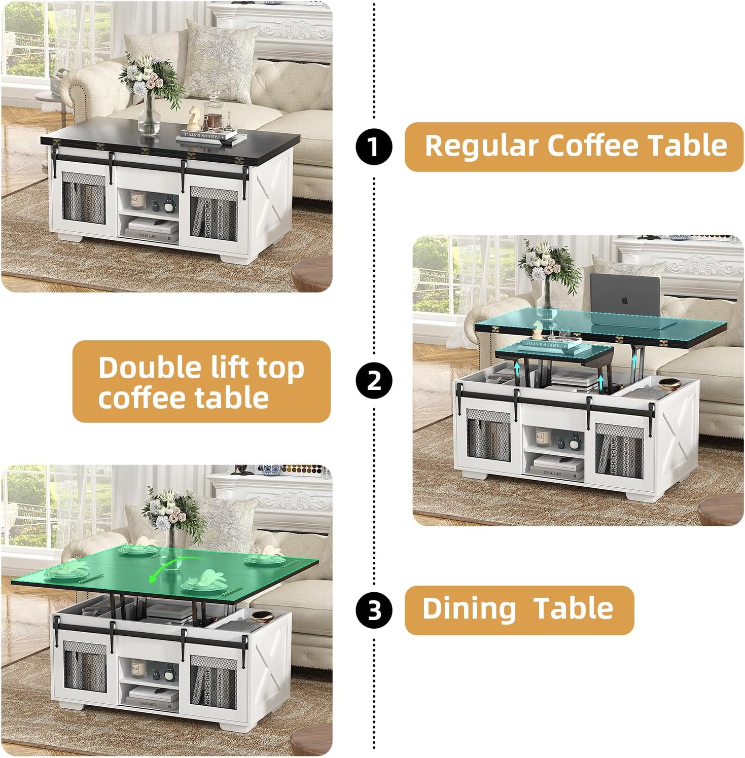 Table basse extensible VOWNER, plateau relevable, multifonctionnelle 3 en 1 avec rangement dissimulé - Salle à manger, convertible, style ferme, noyer