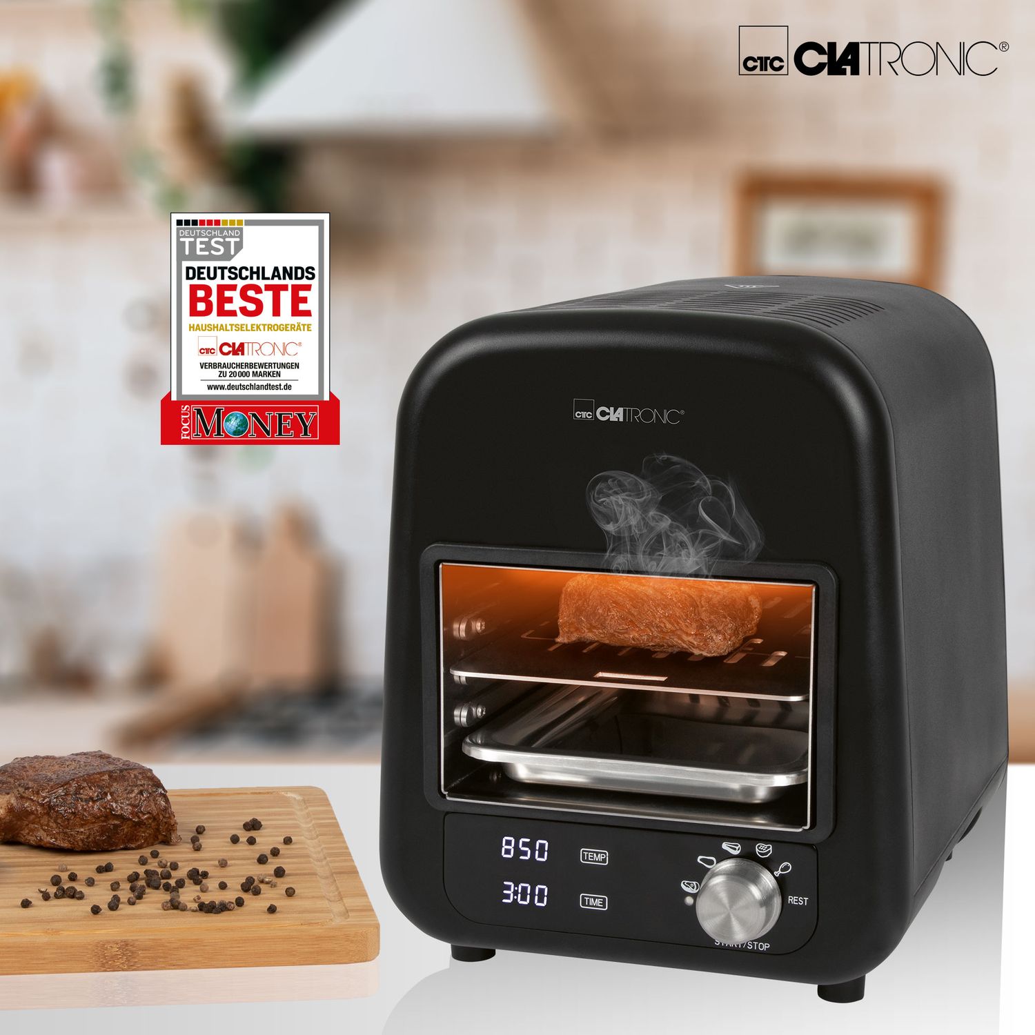 Clatronic EBG 3760 Infrarot-Elektrogrill, Keramikgrill, 5 Kochprogramme, 850 °C, schwarzer Innenraum