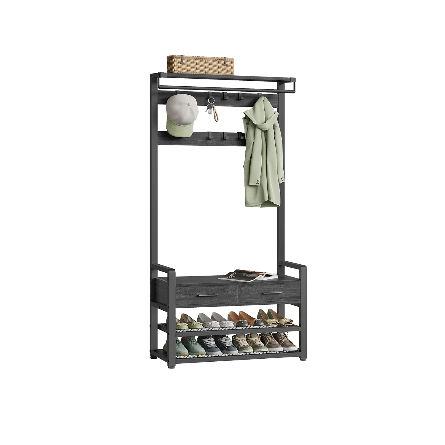 Knagerække til entreen med aftagelige kroge, skuffer og skobænk
