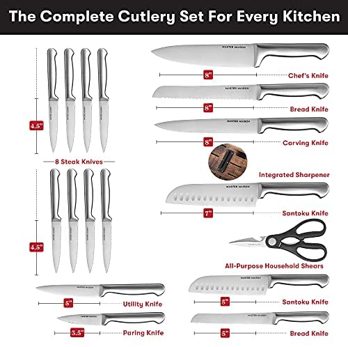 Hochwertiges 19-teiliges Küchenmesserset mit Holzblock | Master Maison Besteckset aus deutschem Edelstahl mit Messerschärfer und 8 Steakmessern