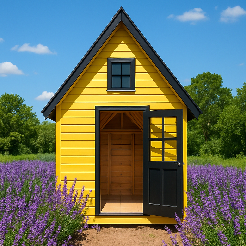 Abri de jardin en bois jaune avec porte en bois noir pour usage extérieur - dimensions 200 x 200 x 300 cm