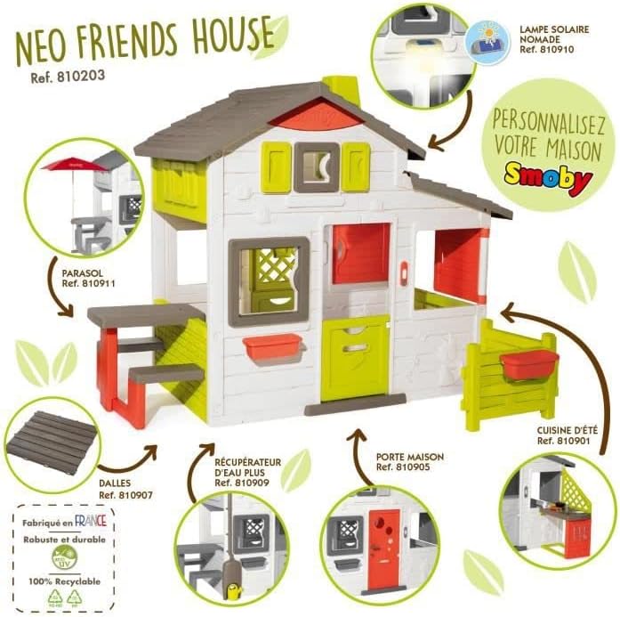 Smoby Life - Friends House EVO Spielhaus mit 2 Türen, 6 Fenstern und abnehmbarem Picknicktisch – Hergestellt aus recyceltem Material, UV-Schutz, für Kinder ab 3 Jahren (7600810208)