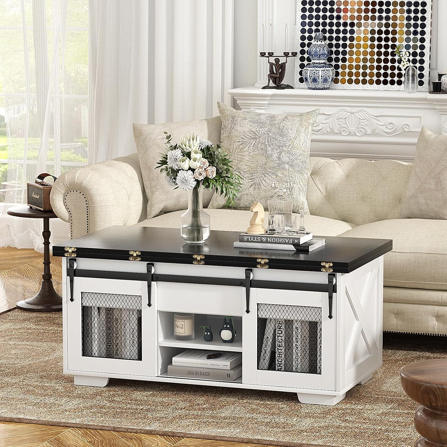 Table basse extensible VOWNER, plateau relevable, multifonctionnelle 3 en 1 avec rangement dissimulé - Salle à manger, convertible, style ferme, noyer