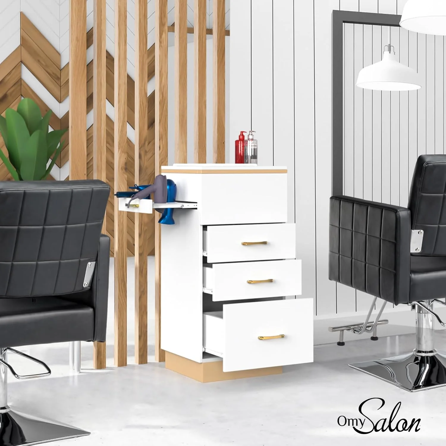 OmySalon Salon Opbevaringsstation – Frisørskab med 3 skuffer, opbevaringsrum og 3 hårtørrerholdere – Hvidguld