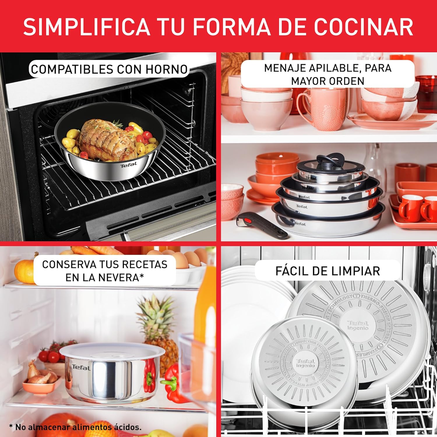 Tefal Ingenio Emotion Sæt med 3 stegepander 22/24/28 cm + 3 kasseroller 16/18/20 cm + gryderet 24 cm + wok 26 cm + 12 tilbehør | Induktionssikker, non-stick, tåler opvaskemaskine og ovn
