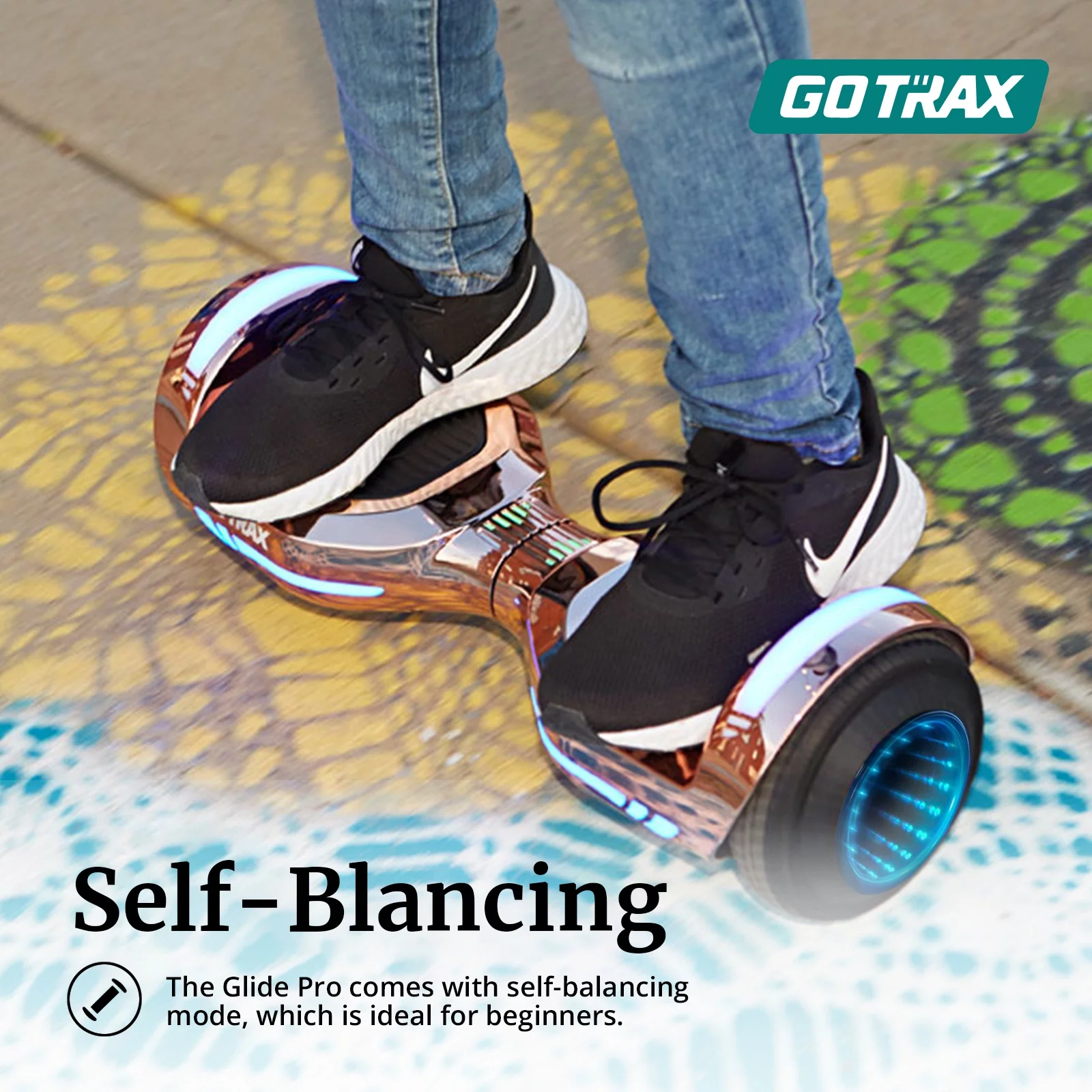 2025 GOTRAX GLIDE PRO Hoverboard med Bluetooth. 6,5-tommer hjul og 7-farvede flerfarvede LED-lys. Selvbalancerende løbehjul til børn og voksne (20-80 kg). Sølvfarvet.