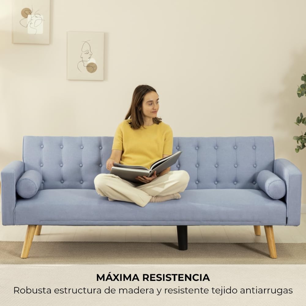 Nalui – 3-Sitzer-Schlafsofa, gepolstert, 203 x 82 x 78 cm, One Dots, mit 2 Kissen und Klick-Klack-Öffnungsmechanismus mit mehreren Liegepositionen. Chaiselongue-Schlafsofa mit Holzbeinen, umwandelbar in ein Doppelbett | Beige