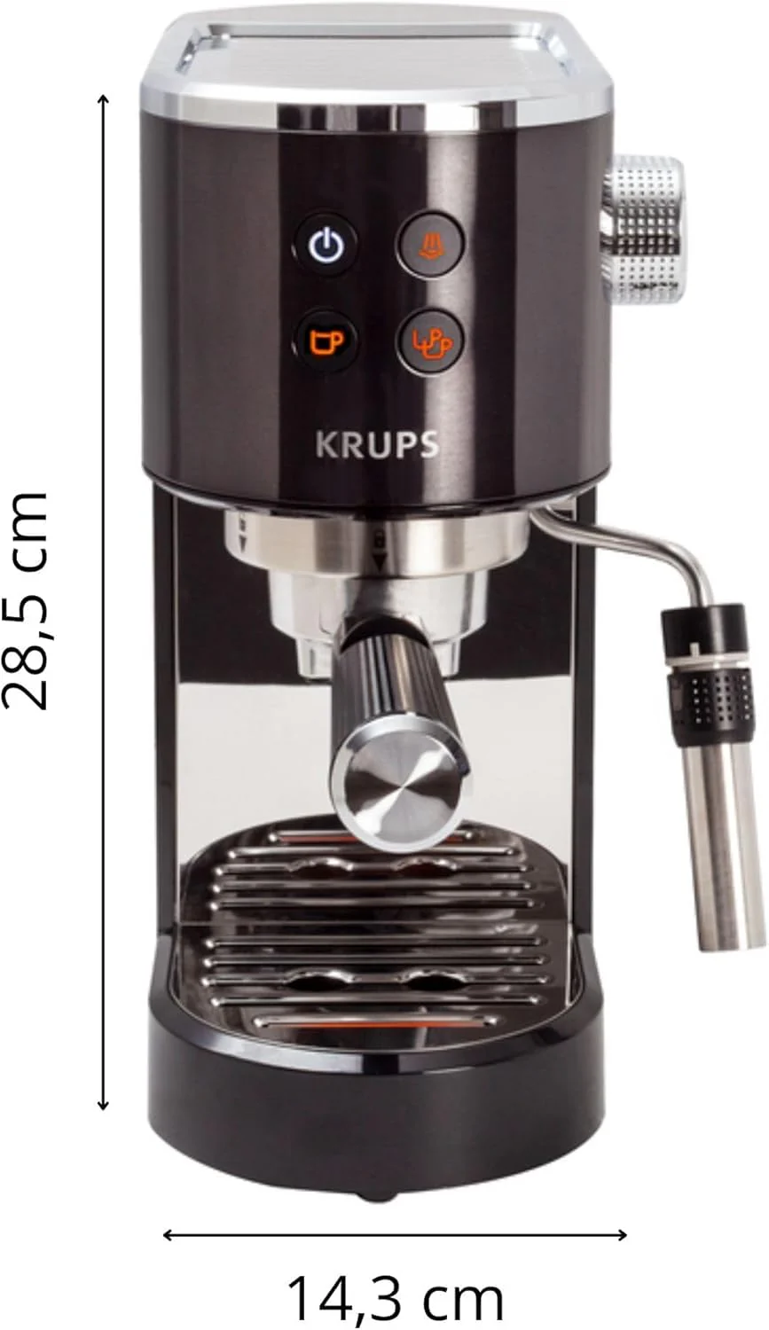 Machine à expresso Krups Virtuoso Essential - 15 bars. Acier inoxydable noir. Design compact et élégant. Arrêt automatique. Expresso et cappuccino. Thermobloc. Buse vapeur. Doseur inclus. XP4418